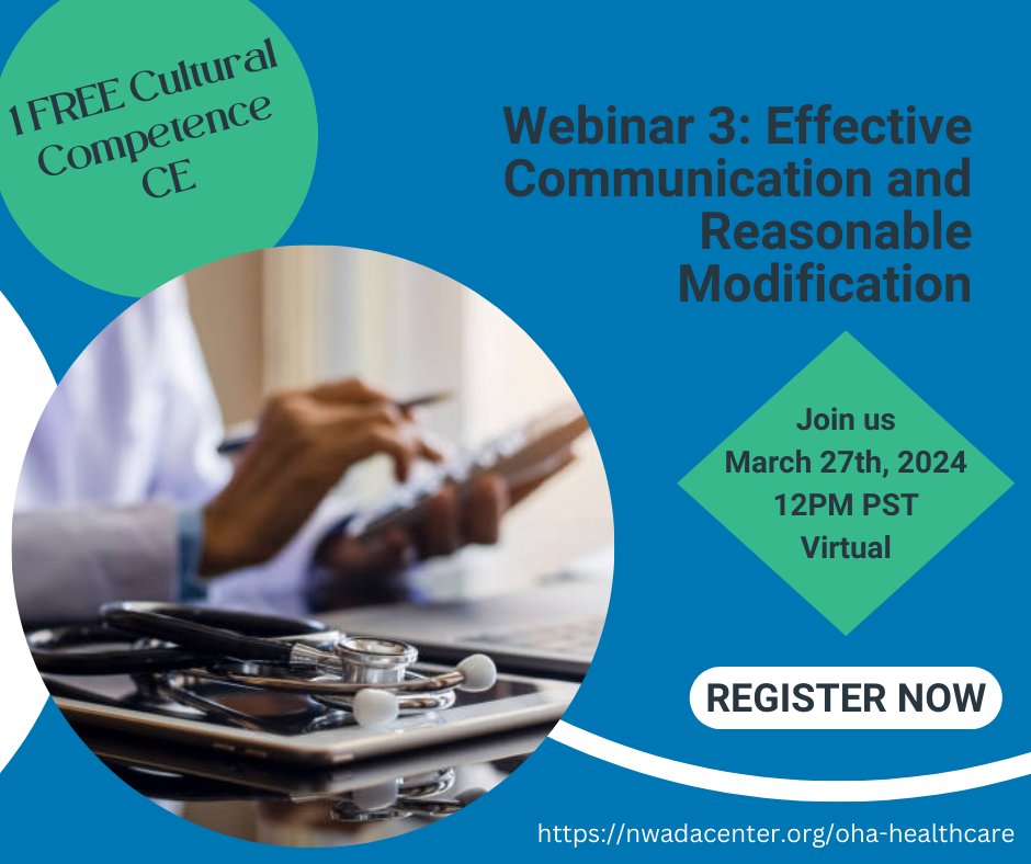 Empower your healthcare practice with inclusive strategies! Our FREE webinar, 'Effective Communication and Reasonable Modification on March 27th at 12pm PST, is a must-attend for healthcare professionals and administrative staff. Reserve your spot now at nwadacenter.org/oha-healthcare/
