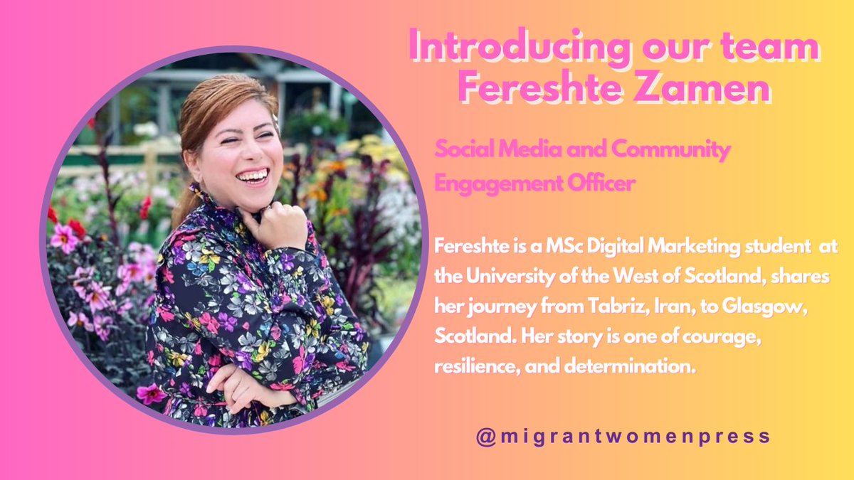 📰 New Article Alert! 🌟 🌸 Fereshte, a student studying MSc Digital Marketing at the University of the West of Scotland, shares her journey from Tabriz, Iran, to Glasgow, Scotland. Her story is one of courage, resilience, and determination. 🌟 🌟 #MigrantWomen #Resilience
