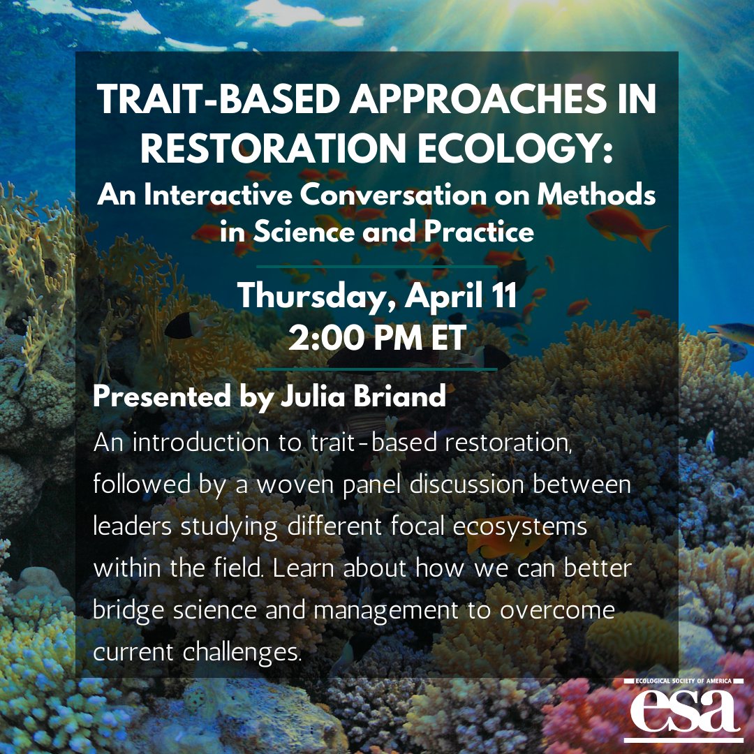 Don't miss this unique opportunity to explore the innovative technology and methodology behind restoration ecology! 'Trait-Based Approaches in Restoration Ecology' will take place Thursday April 11 at 2 PM ET🗓️ Learn more and register: bit.ly/3OgjjUF