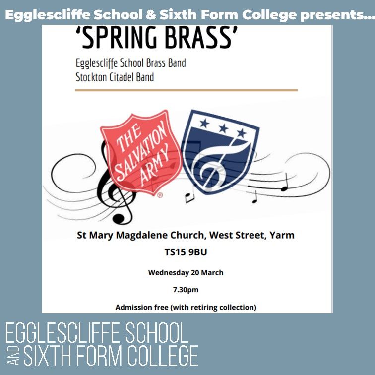 Students from Egglescliffe School Brass Band will be taking part in the inaugural 'Spring Brass' concert on 20 March, 7.30pm at St Mary Magdalene church, Yarm. The evening is also supported by Stockton Citadel Band of The Salvation Army. Tickets are free.