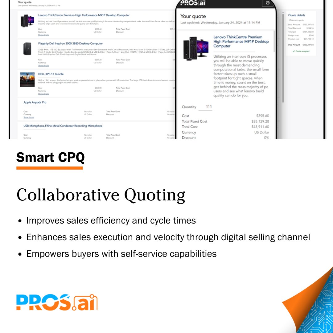 PROS_Inc's tweet image. 🌟New in the PROS Platform we&apos;ve introduced Collaborative Quoting. 💼🤝 Discover how it reshapes interactions between buyers and sellers, fosters stronger connections, and accelerates deal cycles.

Watch this video 🔗 ms.spr.ly/6011cmHvv

#PROSAI #SmartCPQ #PlatformRelease