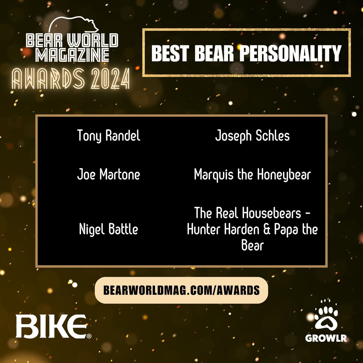 ✨ BEAR WORLD MAGAZINE AWARDS - Best Bear Personality Nominees ✨ Tony Randel @josephschles @laviejoem @MarquisHoney Nigel Battle @RealHousebears Vote now at buff.ly/3IGaFf5 Presented by @bikeathletics & sponsored by @growlr and The Crown & Anchor
