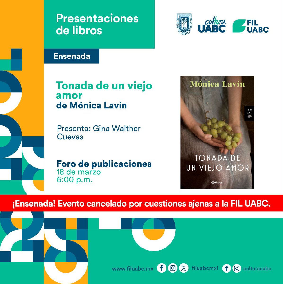 ¡Ensenada! Por cuestiones ajenas a la Feria Internacional Del Libro UABC, la presentación de @mlavinm será cancelada. La presentación de Mexicali programada para mañana martes 19 de marzo a las 6:00 p.m. sigue en pie.