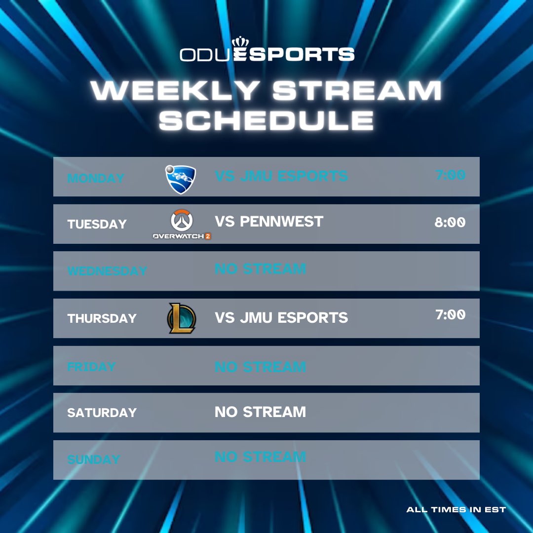 Tune in for this weeks selection of streams! 🎥

#oduesports #collegiateesports