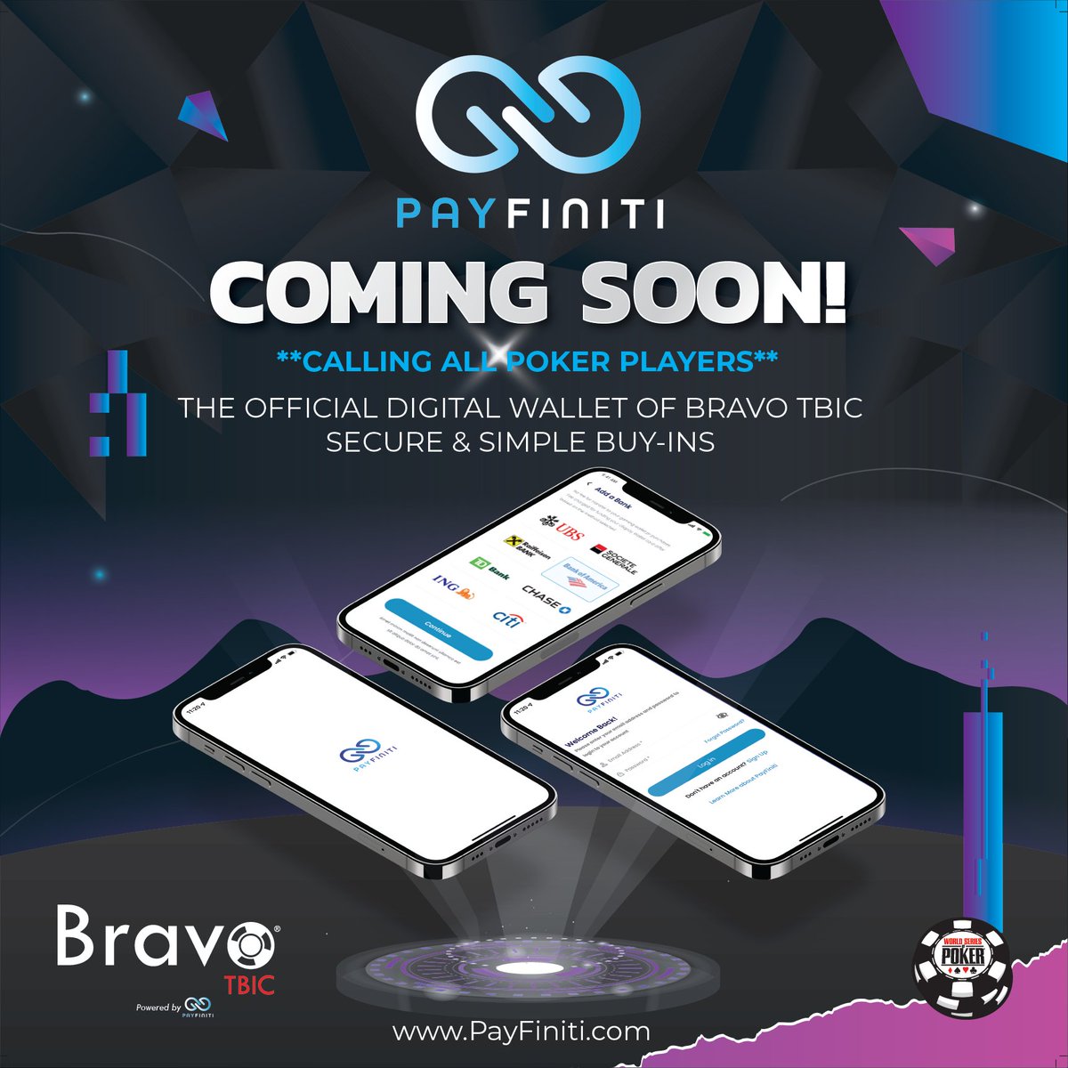 Calling all poker pros! Get ready for a game-changing experience with Payfiniti, the official digital wallet of Bravo Poker Tournament Buy-in Credits. 
Sign up today!  
#Payfiniti #BravoPoker #GameChanger #Poker #WSOP