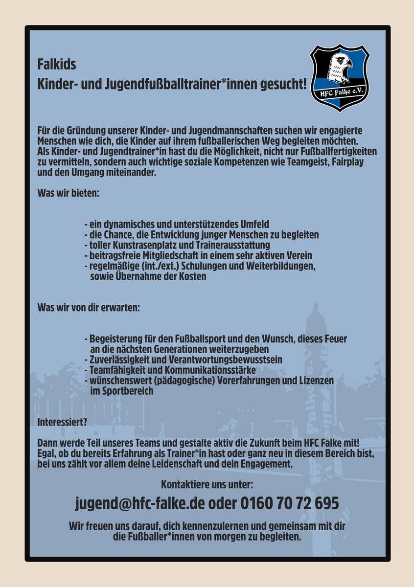 Wir suchen Trainer*innen für unsere Falkids. Hast du Lust, dann melde dich bei uns! #falkenfieber #hfcfalke #Jugendfußball