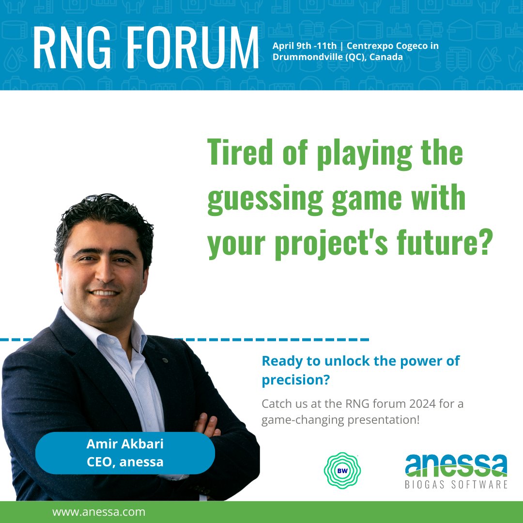 Team anessa is excited to present at the upcoming 2024 #RNG Forum hosted by BiogasWorld which will be held in Centrexpo Cogeco in Drummondville (QC), Canada from April 9th to April 11th. 

#RNG #BiogasSoftware #AnaerobicDigestion
