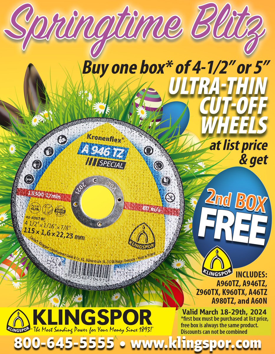 klingsporusa's tweet photo. The cut-off wheel deals keep on coming!!!! KLINGSPOR will be running a Spring cut-off wheel blitz 4 1/2" and 5" ultra-thin cut-off wheels. Buy one box at the list price and get one free for the dates of 3/18/2024 - 3/29/2024.
#klingspor #klingsporabrasives #blitz #cutoffwheels https://t.co/5gThXUTS7q