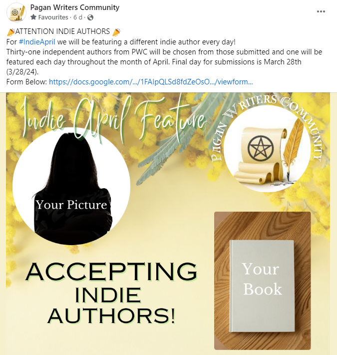 PaganWriting's tweet image. 📷ATTENTION INDIE AUTHORS 📷For #IndieApril we will be featuring a different Pagan indie author every day! Submission form here: docs.google.com/forms/d/e/1FAI… #WritingCommunity #pagan #authors