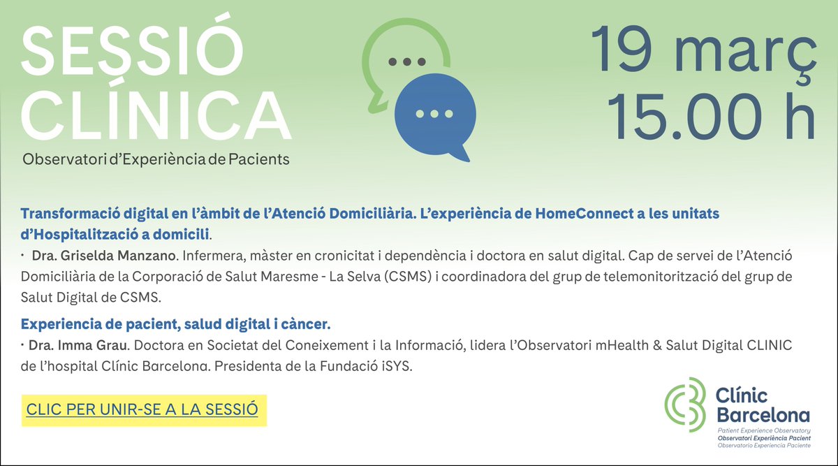 Avui a les 15h, sessió clínica d'#XPA del @hospitalclinic
- Transformació digital en l'àmbit de l'Atenció Domiciliària. L'experiència de HomeConnect a les unitats d'HDOM (Dra. Griselda Manzano)
- XPA, salut digital i càncer (Dra. Imma Grau)
Enllaç + info: clinicbarcelona.org/ca/activitats/…