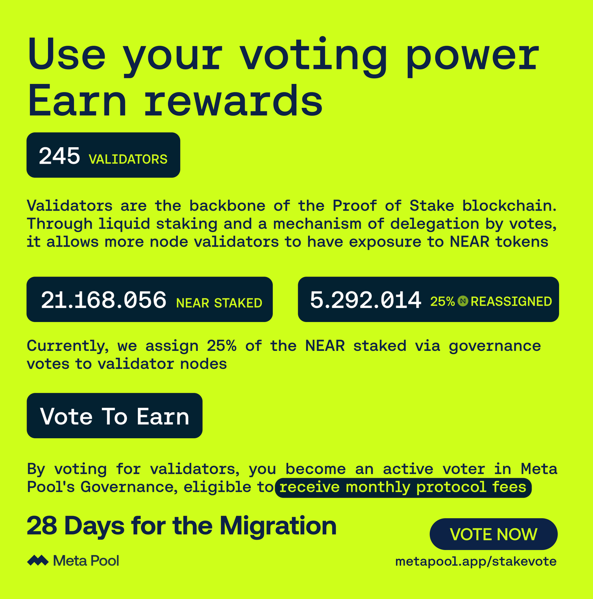 Why is it important to use your voting power?

🔹 By becoming an active voter, you are eligible to receive monthly protocol fees.
🔹 Ensure a smooth migration from META to $mpDAO token.

Save the date for April 15th! 🔜
👉 metapool.app/stakevote