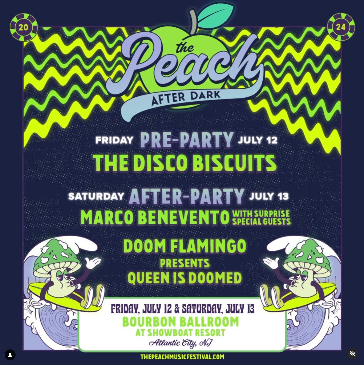 New sets added to Peach at the Beach! Pre-party July 12 with The Disco Biscuits and after party July 13 with Marco Benevento & Friends and Doom Flamingo presents Queen is Doomed. Tickets on sale Friday, March 22 @ 10AM ET. 🌌 More information -> buff.ly/4akcxWu