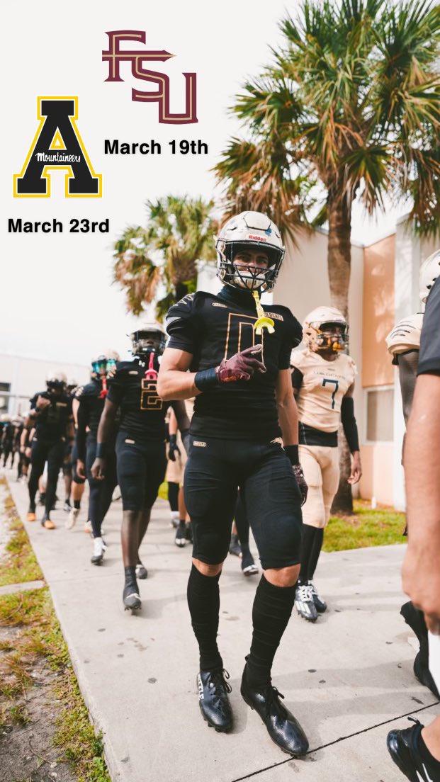 Super excited to be visiting these schools 💯
3.19 <a href="/FSUFootball/">FSU Football</a> 
3.23 <a href="/AppState_FB/">App State Football</a> 
<a href="/CoachRack75/">Adam Ratkevich 🇺🇸 #BattleReady</a> <a href="/TheCribSouthFLA/">Frank Tucker</a> <a href="/psurtain23/">PAT SURTAINl</a> <a href="/Jeremey_FSU/">Jeremey Smith</a> @TCunninghamAPP <a href="/CoachFrankPonce/">FRANK PONCE 🇺🇸🇳🇮</a> <a href="/adamgorney/">Adam Gorney</a> <a href="/CoachMacho/">Coach John Cassaro</a> <a href="/FootballHotbed/">Football Hotbed</a> <a href="/larryblustein/">Blustein Recruiting</a> <a href="/JohnGarcia_Jr/">John Garcia, Jr.</a>