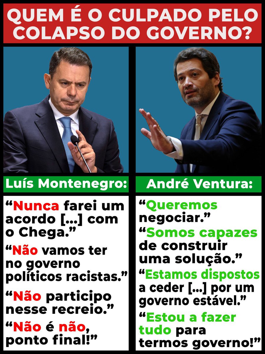 <a href="/cnnportugal/">CNN Portugal</a> Alegadamente Luís Montenegro vai acabar por ser “despedido por justa causa” pelo seu próprio partido… se continuar na teimosia de não aceitar negociações com o CHEGA para governar!
Se fizer coligação com o PS, então aí será a decadência final do PSD…