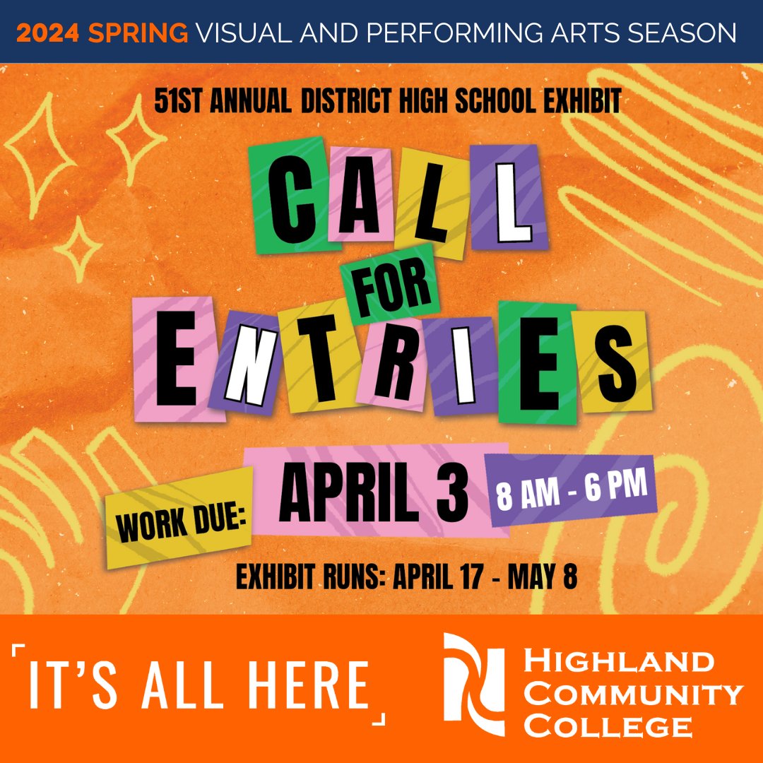 CALLING ALL HIGH SCHOOL ARTISTS: The submission deadline for the 51st Annual District High School Exhibit at HCC is coming up!

Learn more about the exhibit and find the entry form at highland.edu/finearts/highl…