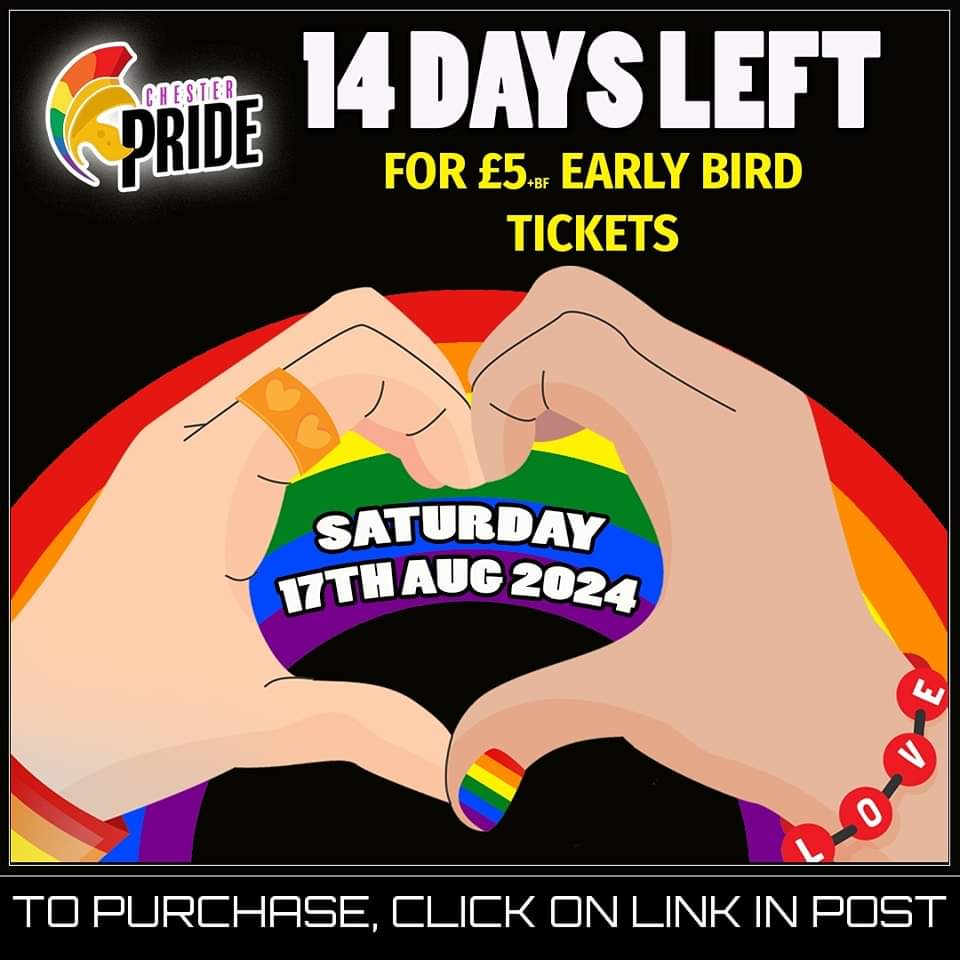 EncompassLGBT's tweet photo. There are only 14 days left to get your £5* EARLY BIRD TICKETS 
🎟 Early bird tickets are on sale at £5+ BF until March 2024 
https://t.co/n91oF4Wes3

VIP TICKETS 
🎟 Less than 100 V.I.P tickets left on sale. #ChesterPride
https://t.co/Qk5wXcwrbV https://t.co/23CUXuA9KG