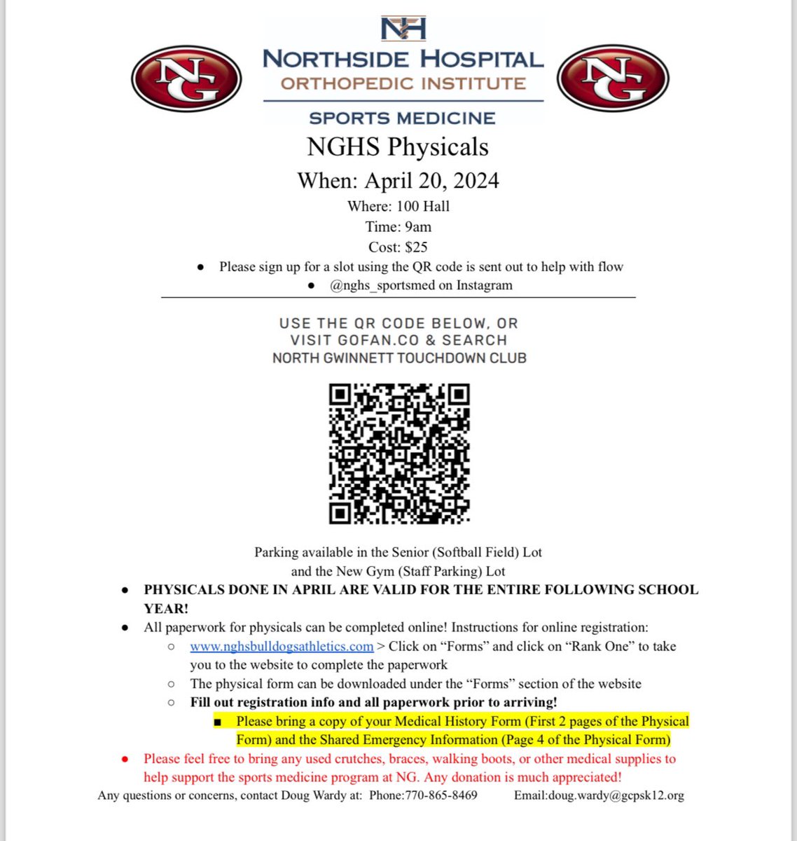 🚨NGHS PHYSICALS🚨 Mark your calendars!!