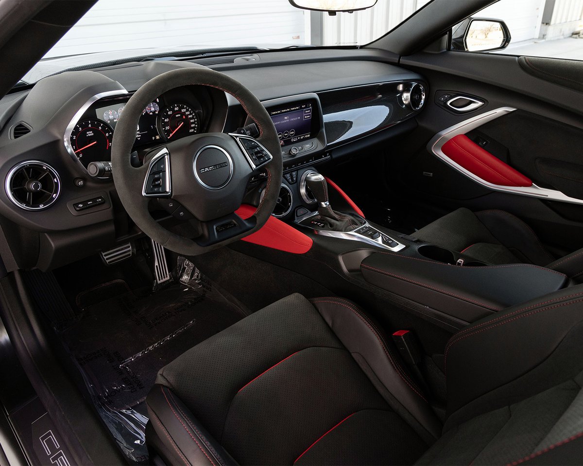 Barrett_Jackson's tweet image. The red-accented Jet Black leather interior complements the Panther Black matte paint finish, and it has a #supercharged 6.2-liter #LT4 #V8 engine at its heart. Crossing the block with No Reserve at the April 18-20 Palm Beach Auction.