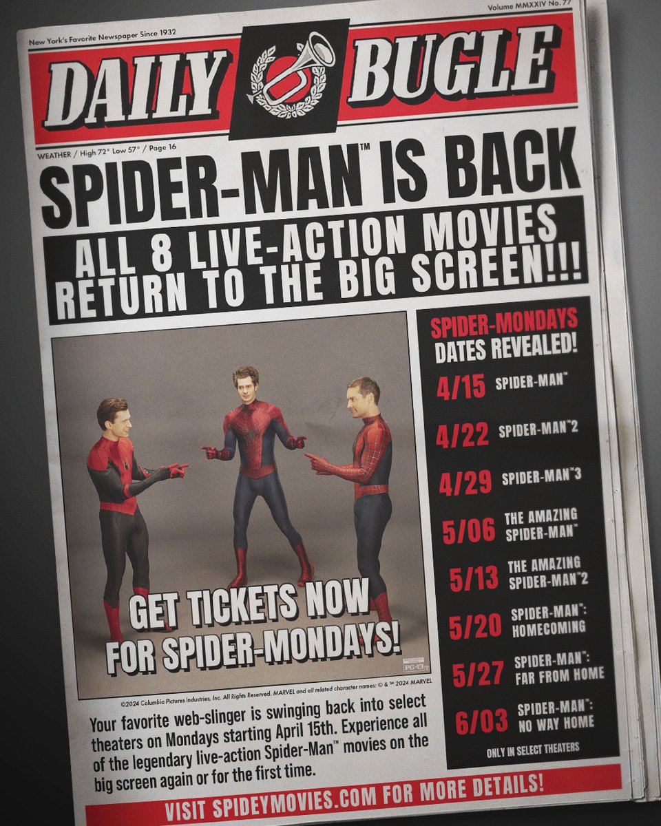 SpiderManMovie's tweet image. Hot off the press.

#SpiderMan is back on the big screen. Join us for ALL 8 live action movies to celebrate #ColumbiaPictures100 – Only in Select Theaters Beginning April 15. Get tickets now: spideymovies.com