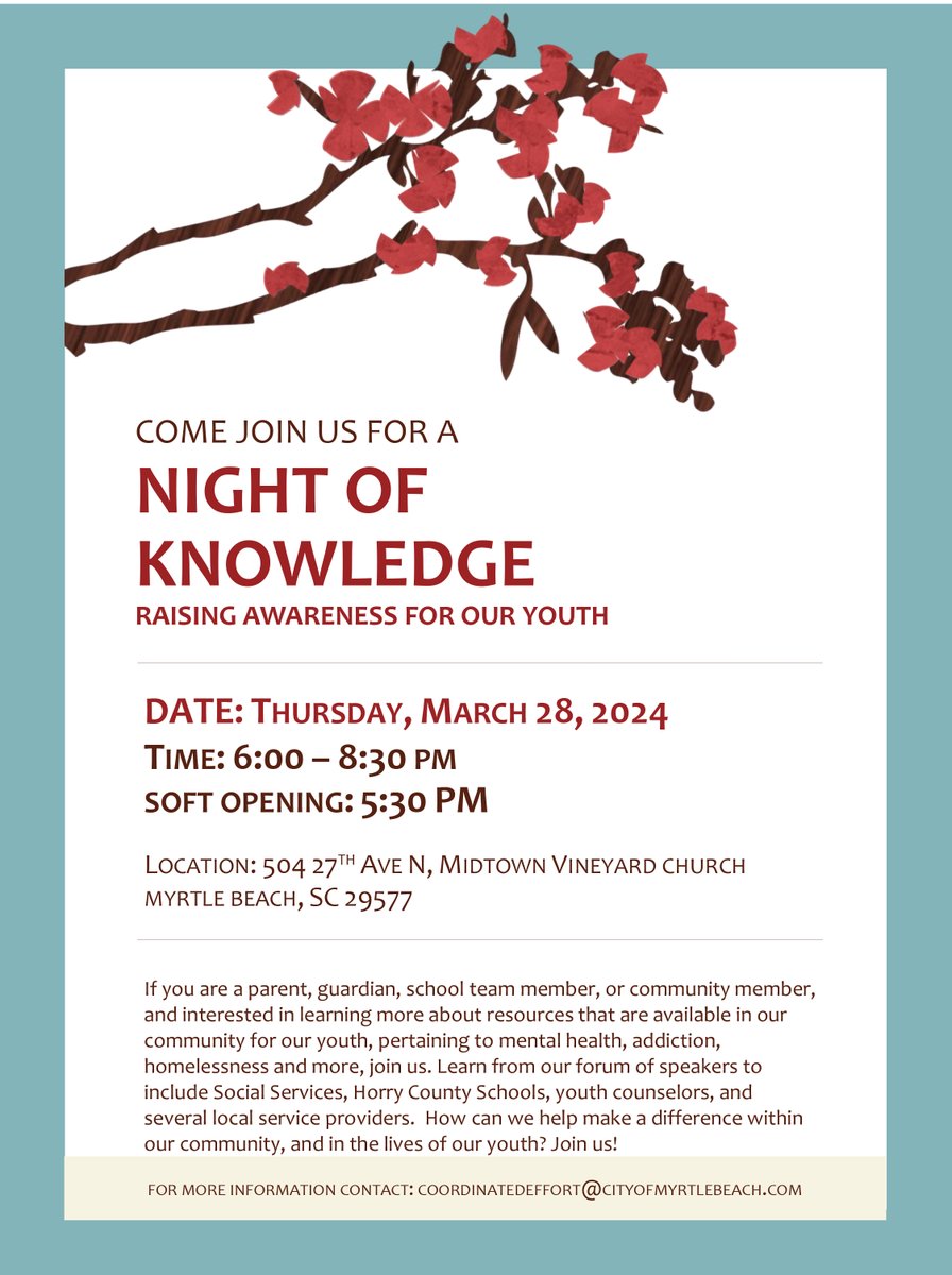 Mark your calendars for Thursday, March 28, for the Night of Knowledge at Midtown Vineyard Church. @MBPDSC