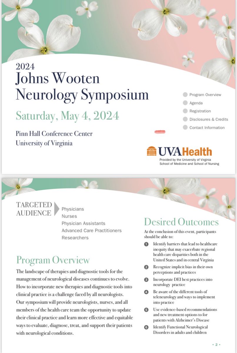 Registration now open for the 2024 Johns Wooten Neurology Symposium Saturday, May 4, 2024 Pinn Hall Conference Center at the University of Virginia. @UVaSOMFacDev @UVAMedAlum 🧠 Register here: med.virginia.edu/cme/learning/ *Alumni can register for a discounted $50 rate!