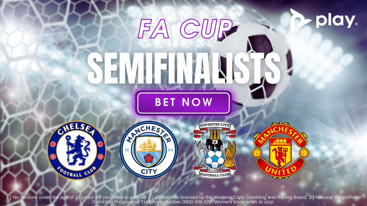 play_coza's tweet photo. The final 4๏ธโฃ teams standing in the 2023-24 #EmiratesFACup. Drop a โค๏ธ if your team is still in the running! ๐
#Chelsea ๐ #ManchesterCity
#ManUnited ๐ #CoventryCity
๐๏ธ Semi-finals will take place on 20 April 2024.
#Playdotcoza #FACup #BetwithPlay https://t.co/GLCc2PLhwh