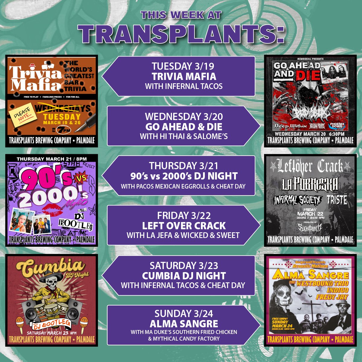 This week at Transplants. transplantsbrewing.com @TheSoulflyTribe @LeftoverCrackOG @LaPobreska @NumbskullShows