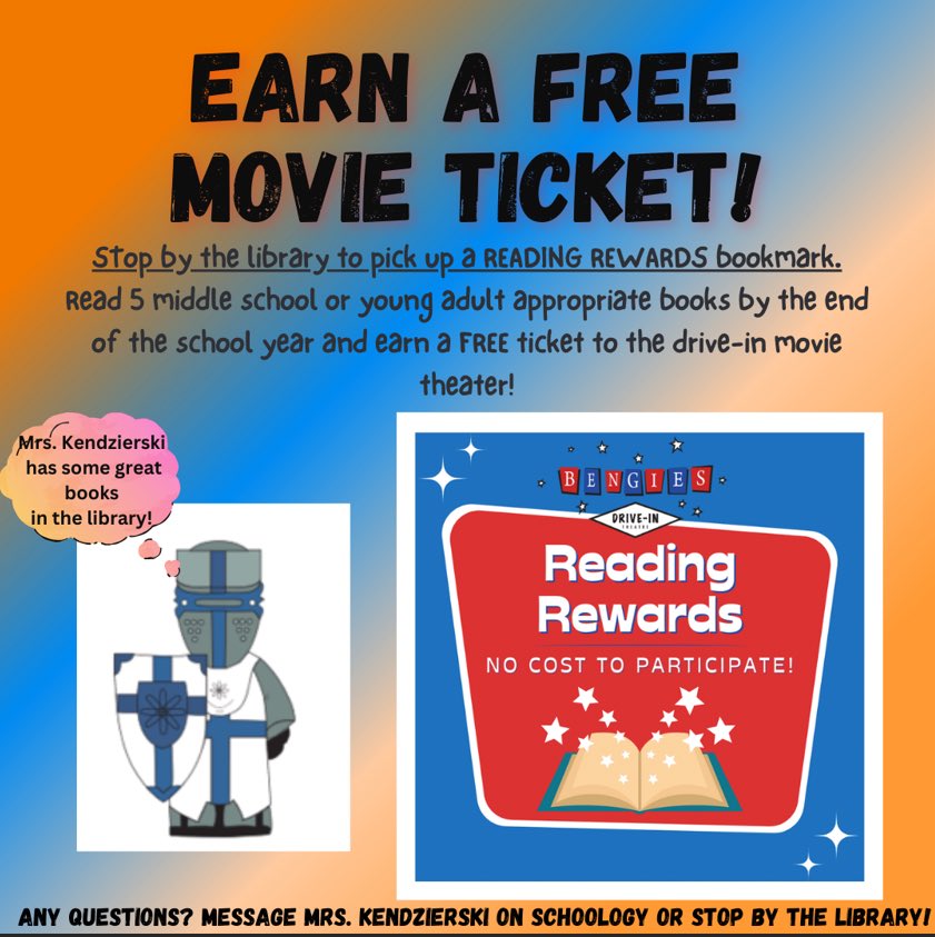 Mrs. Kendzierski (@squiresread) on Twitter photo The Benjies Drive In movie READING INCENTIVE is here! Read 5 books between now & June 14 and earn a FREE movie ticket good for 2024! Visit the library for details! <a href="/ParkvilleMS/">Parkville Middle</a> <a href="/BCPSLMP/">BCPS LMP</a> #bcpslms #benjiesdrivein The Benjies Drive In movie READING INCENTIVE is here! Read 5 books between now & June 14 and earn a FREE movie ticket good for 2024! Visit the library for details! <a href="/ParkvilleMS/">Parkville Middle</a> <a href="/BCPSLMP/">BCPS LMP</a> #bcpslms #benjiesdrivein