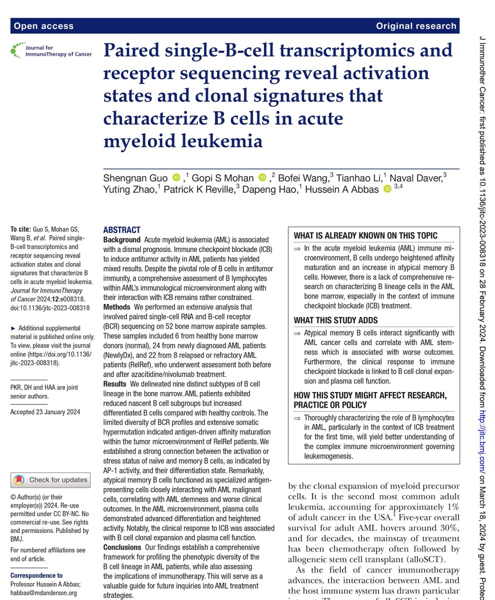 Journal for ImmunoTherapy of Cancer (@jitcancer) on Twitter photo Here’s a closer look at recent #JITC article “Paired single-B-cell transcriptomics & receptor sequencing reveal activation states & clonal signatures that characterize B cell immunity in AML” by <a href="/HusseinAbbasLab/">Hussein Abbas</a> @PatrickReville <a href="/GopiSMohan/">Gopi Mohan MD, PhD</a> <a href="/Nance_GSN/">Shengnan Guo</a> <a href="/DapengHao/">DP Hao</a> from Here’s a closer look at recent #JITC article “Paired single-B-cell transcriptomics & receptor sequencing reveal activation states & clonal signatures that characterize B cell immunity in AML” by <a href="/HusseinAbbasLab/">Hussein Abbas</a> @PatrickReville <a href="/GopiSMohan/">Gopi Mohan MD, PhD</a> <a href="/Nance_GSN/">Shengnan Guo</a> <a href="/DapengHao/">DP Hao</a> from