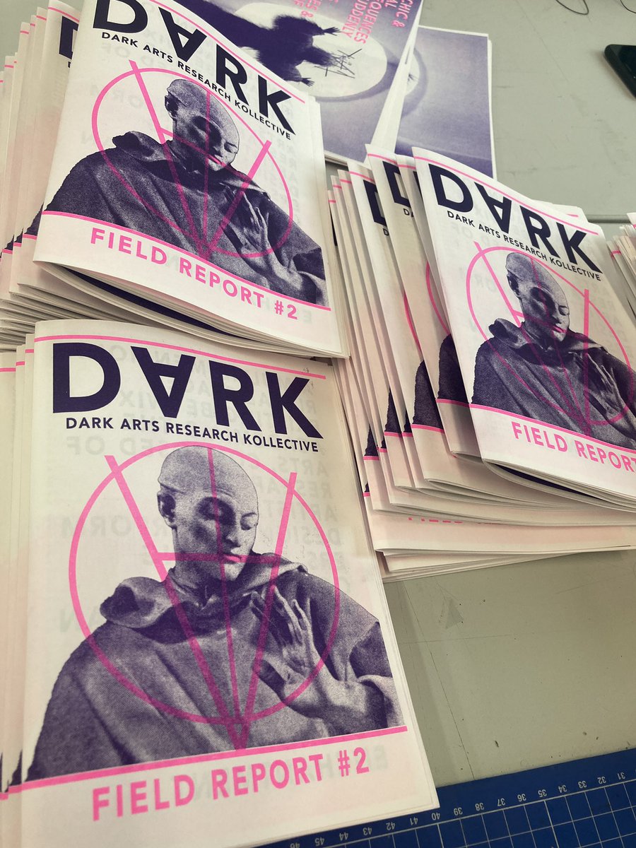 Spent the day printing the DVRK <Dark Arts Research Kollective> zine. Includes Dream Machine performance, Spiricom, eternal Bryan Adams karaoke, folklore & high weirdness.