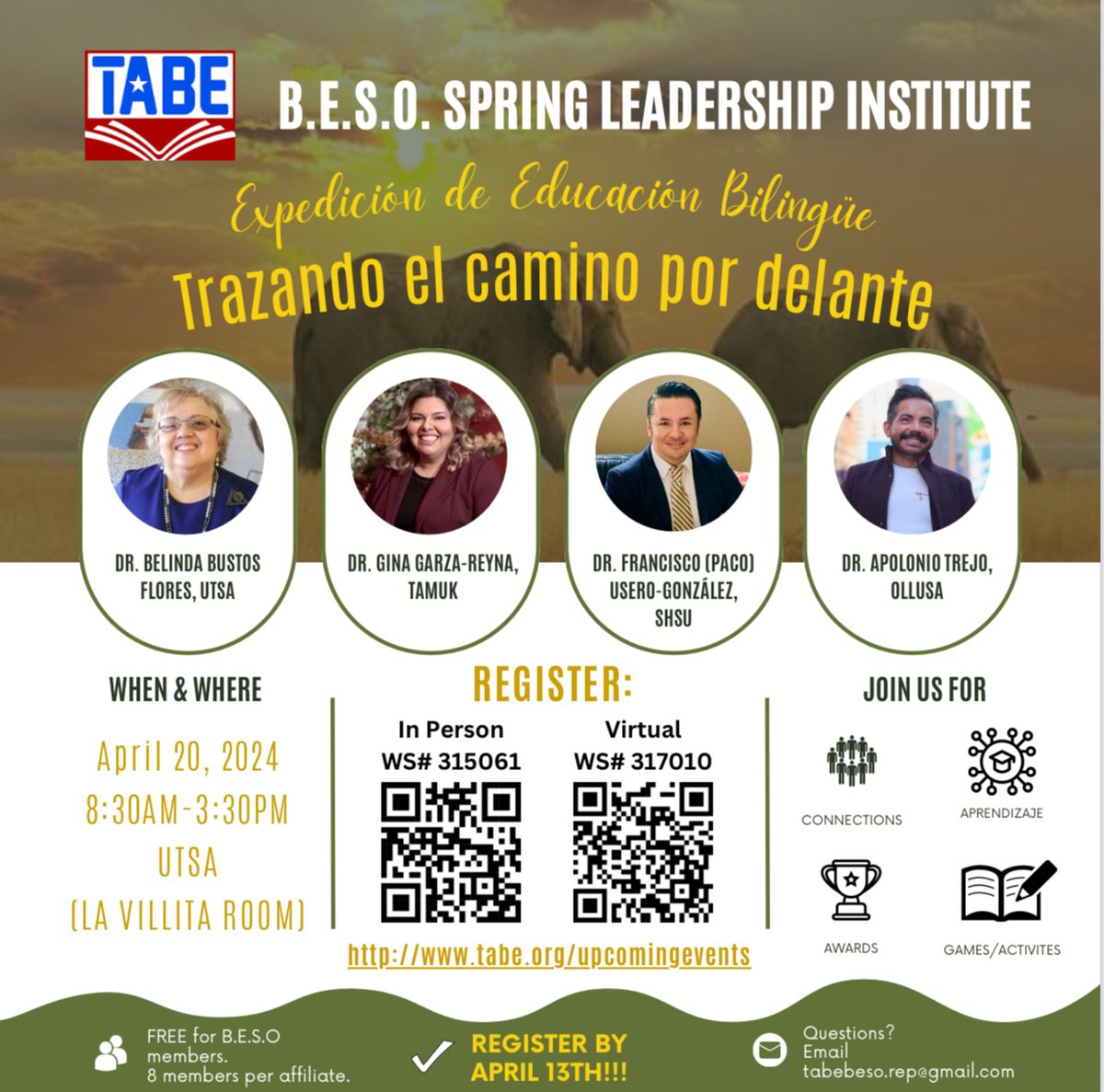 🐘BESO Spring Leadership Institute🐘 Thrilled to introduce our first guest speaker, Dr. Belinda Bustos Flores from UTSA! Join us at 9:00 AM as we delve into BESO's rich history with Dr. Flores leading the way. Register by April 13 --> tabe.org/upcomingevents/