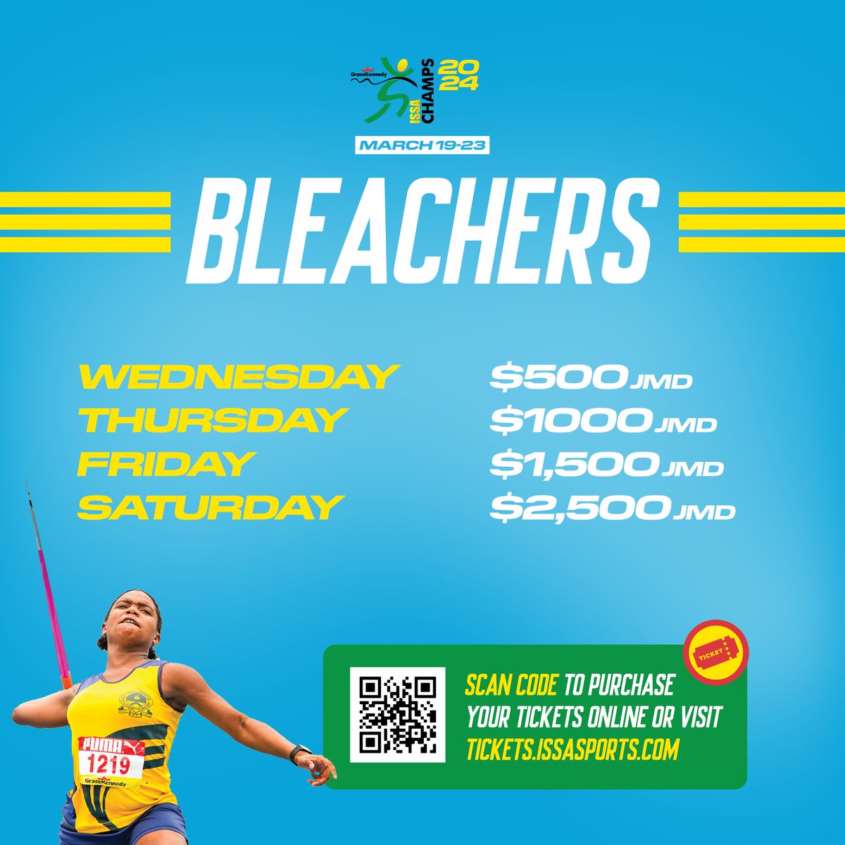 Attention,Squad!  Tickets for ISSA/GraceKennedy Championships are now on sale, Secure your seats ASAP 
🏆 ISSA/GraceKennedy Boys and Girls Championships
 📅March 19-23, 2024
🏟️National Stadium
🎫 Available online NOW at tickets.issasports.com