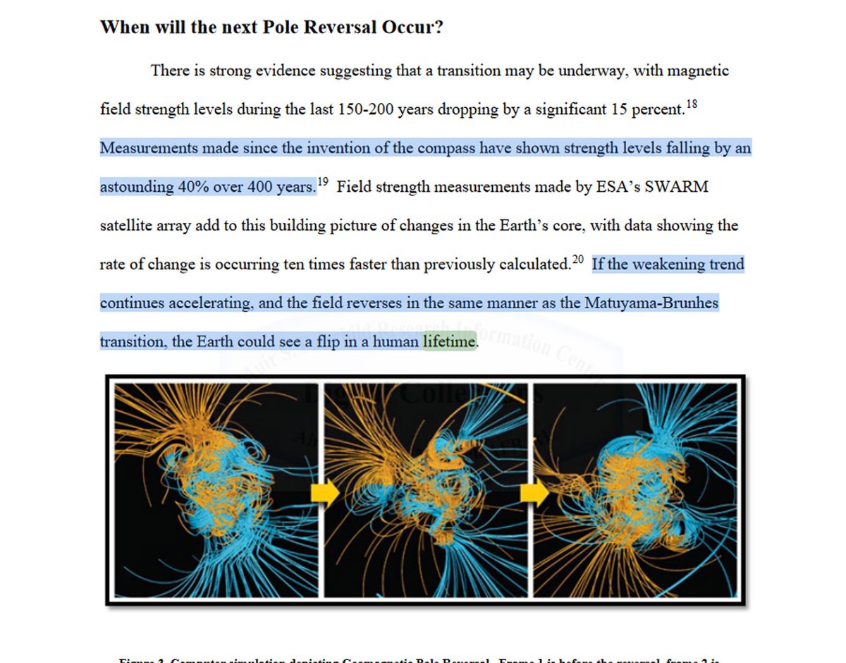 OMApproach's tweet photo. According to the USAF study in 2015, the pole shift might occur within the span of a human lifetime, indicating that it could take place during our lifetime.

This perfectly aligns with the increased 'human-driven climate change narrative,' the increased building of doomsday bunkers by the most powerful individuals, and the rapid progression of artificial intelligence that would replace the workforce.

It also aligns with Isaac Newton's calculation predicting an extreme prophetic event by the year 2060, the MIT algorithm prediction that civilization will collapse by the year 2040, and the predictions by Chan Thomas in his CIA-censored book 'Adam and Eve's Story: A History of Cataclysms.'

The decline of Earth's magnetic field is accelerating, and a solar event weaker than the Carrington event could potentially regress us to the  Stone Age...

But remember, evolution is driven by catastrophic events, and when they  occur, you will see the true nature of our reality. (link in comments)