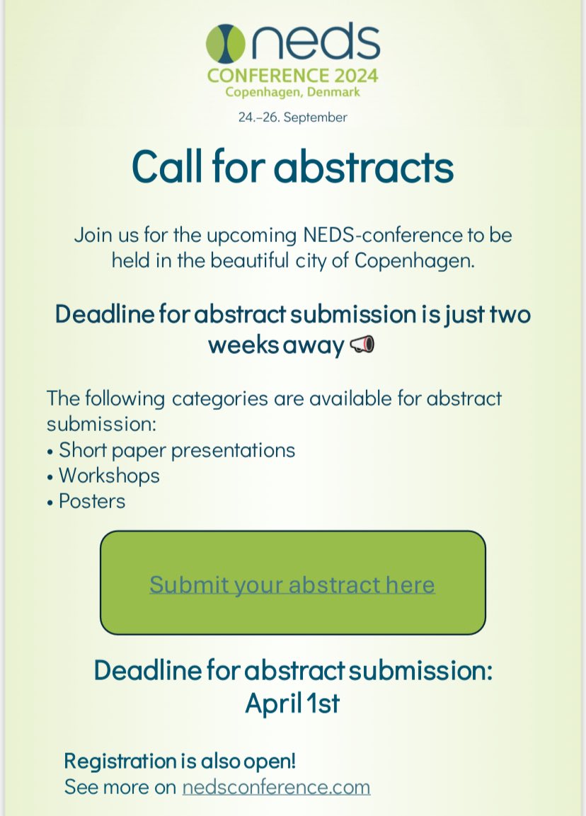 Have you submitted an abstract for the Nordic conference on #eatingdisorders ? 
👉🏻nedsconference.com