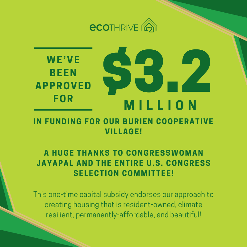 THANK YOU to Congresswoman Pramila Jayapal (<a href="/RepJayapal/">Rep. Pramila Jayapal</a>) and the entire U.S. Congress selection committee for their support of $3.2M for the creation of our Burien Cooperative Village! Learn more at: ecothrivehousing.org/burien

#regenerativehousing #ecologicalcivilization