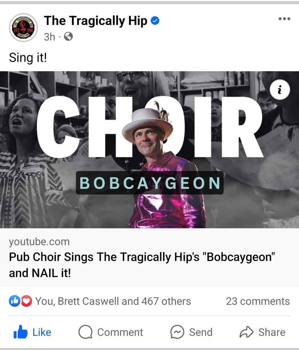 My head is spinning right now. The Tragically Hip shared the video of the arrangement of 'Bobcaygeon ' that the pub choir I am in learned and performed (in 90 minutes) last Tuesday. WAY cool! 😮😎🎤