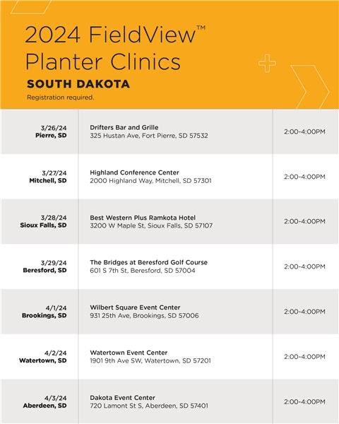 fieldviewhelp's tweet photo. Roll Call for #FieldView users in South Dakota! 📝

Here below are some planter clinics to attend and help you prepare for #Plant24 😃🌱

Register here ⬇️⬇️
https://t.co/zYLDr9TdR3 https://t.co/2vRYMBB2WC