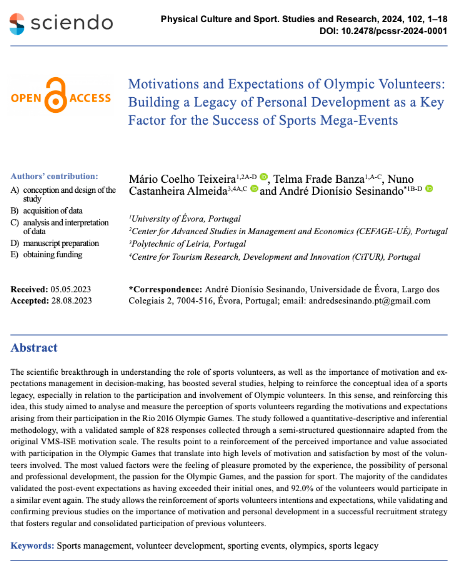 PCSSR1's tweet photo. 👉 New article: Motivations and Expectations of Olympic Volunteers: Building a Legacy of Personal Development as a Key Factor for the Success of Sports Mega-Events

💻 https://t.co/RXcavcQjzX

Sports management, volunteer development, sporting events, olympics, sports legacy https://t.co/YCKEbWCt3R