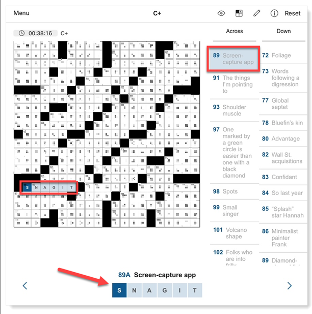 Snagit's tweet photo. Hopefully, you did Saturday, March 16th @WSJ Crossword on, but if you haven't -- SPOILERS!!! 

But we're SUPER PUMPED! 

Don't worry; we used the blur tool to cover up all but one answer...
.
.
.
.
.
.
.
.
89 Across.... "Screencapture app"

Take a guess... 🎉 https://t.co/ufKds5nLNZ