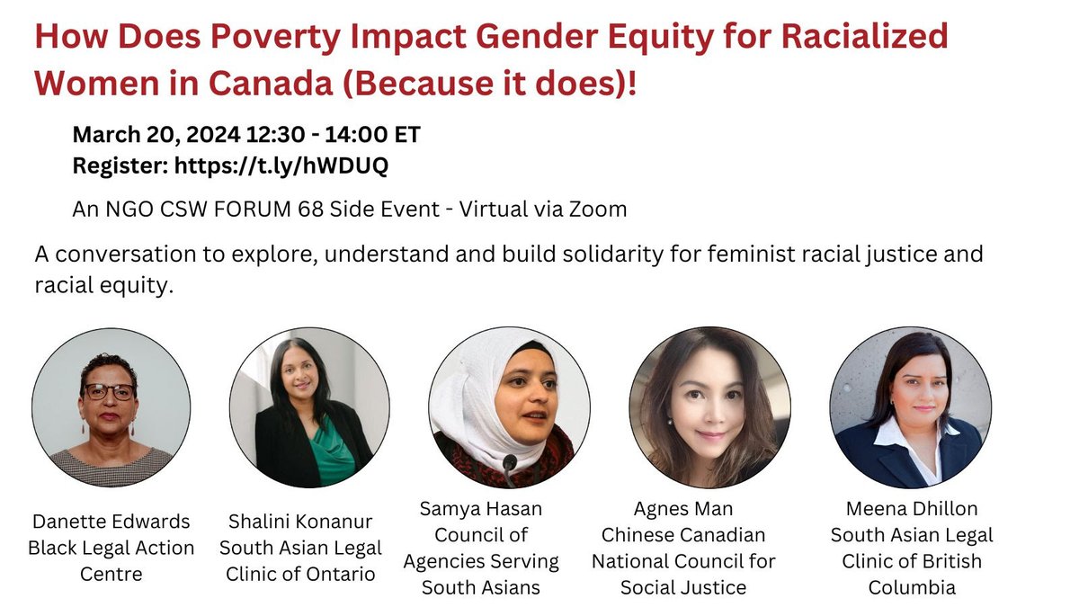 📣 Don't miss our upcoming co-hosted webinar discussing how poverty impacts gender equity for racialized women in Canada. Sign-up: lnkd.in/gM5n_3Fi @SALC_BC @ccncsj @BLAC_Ontario @SALCOntario @CASSAOnline