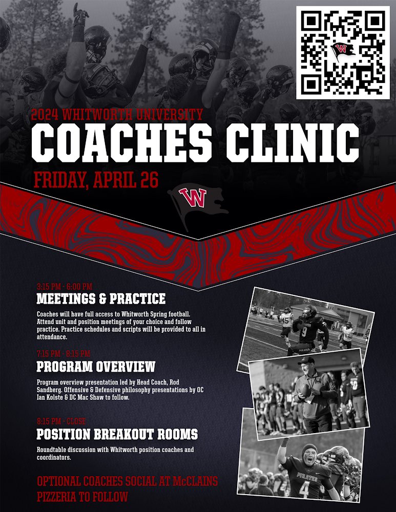 Free Coaches Clinic! April 26th! Team/Offensive/Defensive Philosophy! Position breakout meetings with scheme, skills and drills. Sign up today using the QR Code on graphic!