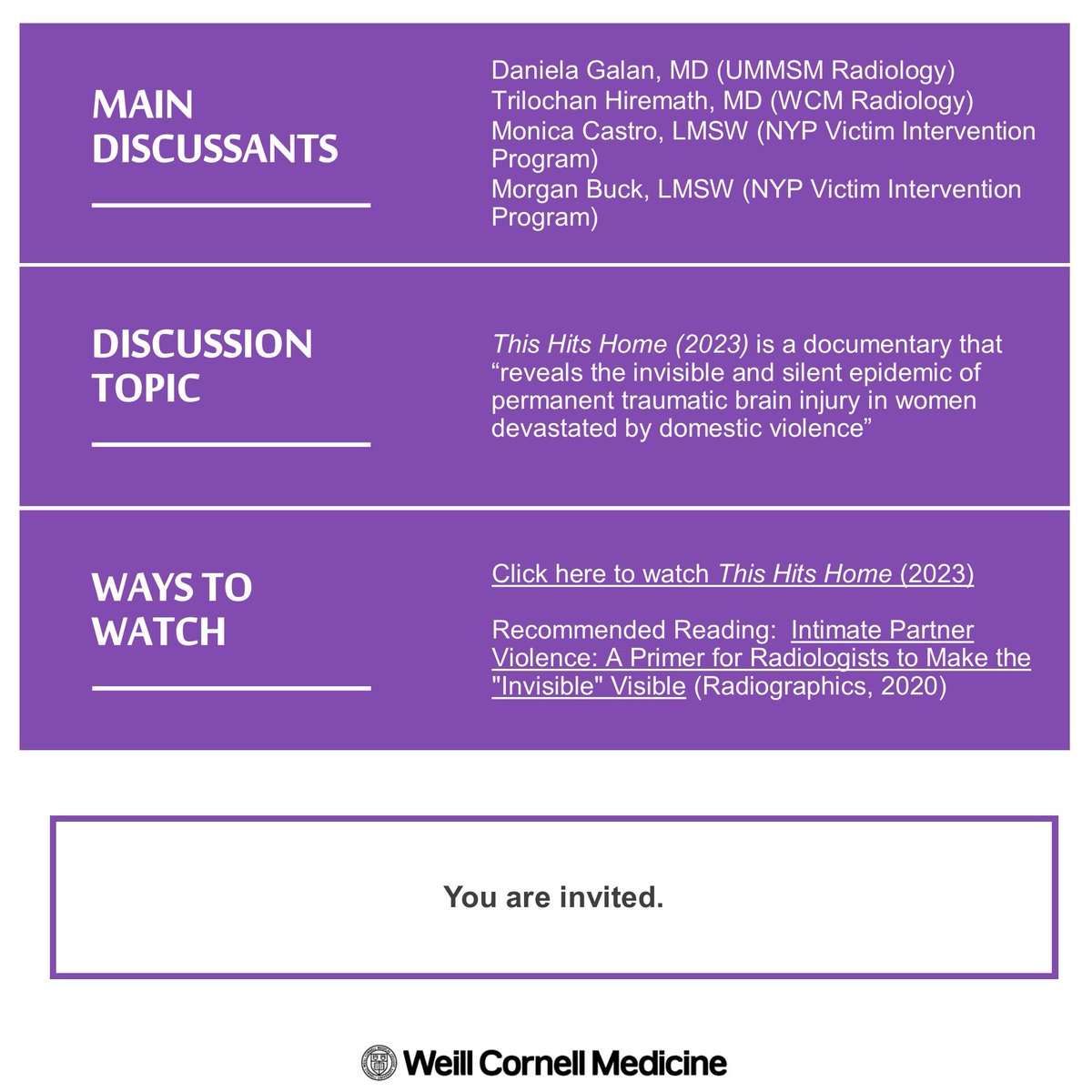 Join @WCMRadiology as we tackle intimate partner violence and domestic abuse. With expert insights & essential resources, let's empower radiologists & healthcare workers to address this critical issue. Register here: bit.ly/3TEk5Oy @WCMRadRes @WCMDiversity @KemiMDRad
