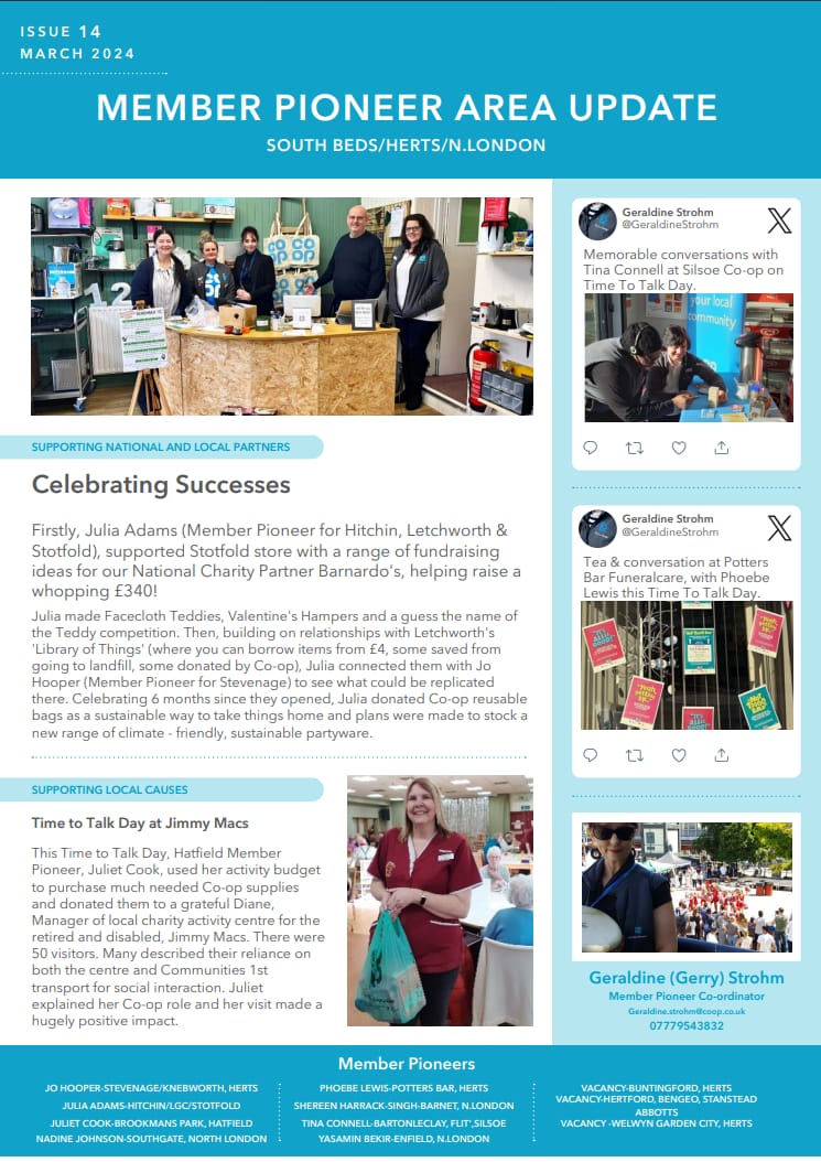Tina76458121's tweet photo. Member Pioneer Area Update
South Beds/Herts/N.London
March 2024.
#beingcoop 
#supportinglocalcommunity 
#COOP 
#Memberpioneer https://t.co/2DxwiE9oxu