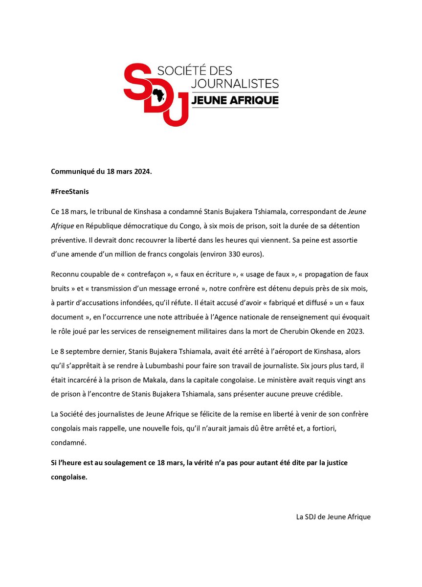 SDJJeuneAfrique's tweet photo. La SDJ de @jeune_afrique se félicite de la remise en liberté à venir de @StanysBujakera mais rappelle qu’il n’aurait jamais dû être arrêté et, a fortiori, condamné.
Si l’heure est au soulagement, la vérité n’a pas pour autant été dite par la justice de #RDC.
#FreeStanis https://t.co/Qlnn0llg2R