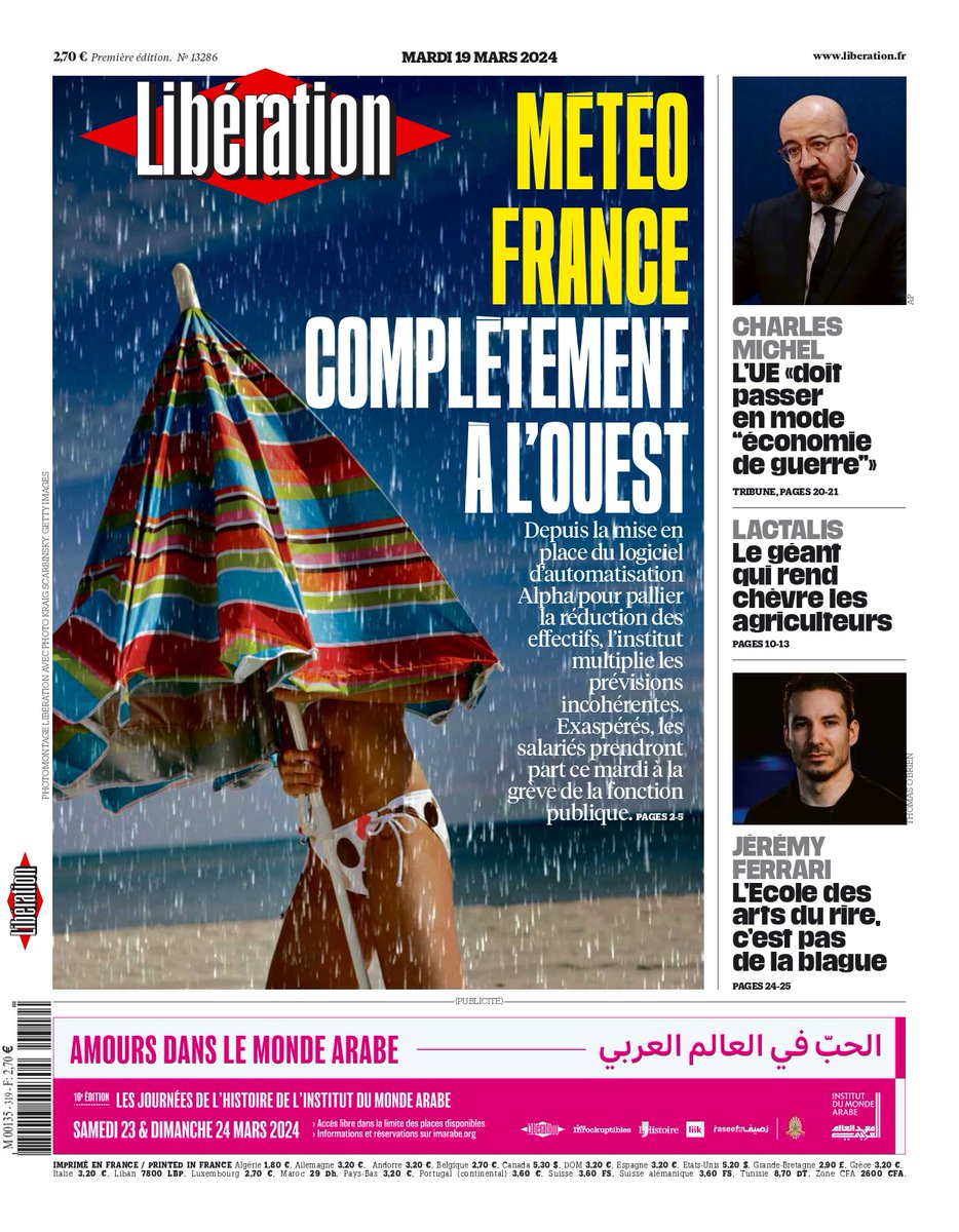 🌧️ Météo France : complètement à l'ouest C'est la une de @Libe ce mardi Lire : journal.liberation.fr