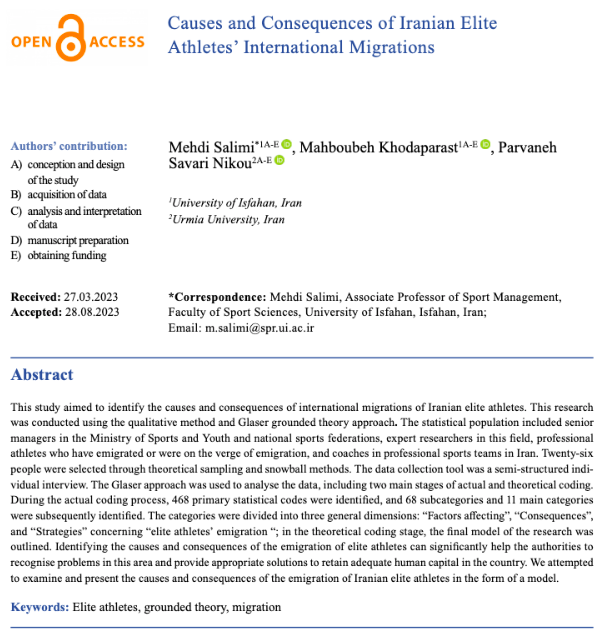 PCSSR1's tweet photo. 👉 New article: Causes and Consequences of Iranian Elite Athletes’ International Migrations

💻 https://t.co/RNsA4PxVSj

#Elite #athletes, #grounded #theory, #migration https://t.co/cZdfrPQZnK