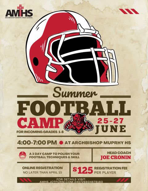 MurphyFootball_'s tweet photo. Registration now open for Summer Football Camp at AMHS!
For Grades 1-8th from June 25-27th. Registration closes April 15th, register with the link below today!!
https://t.co/GqipBkdp30 https://t.co/roP6q84GBw