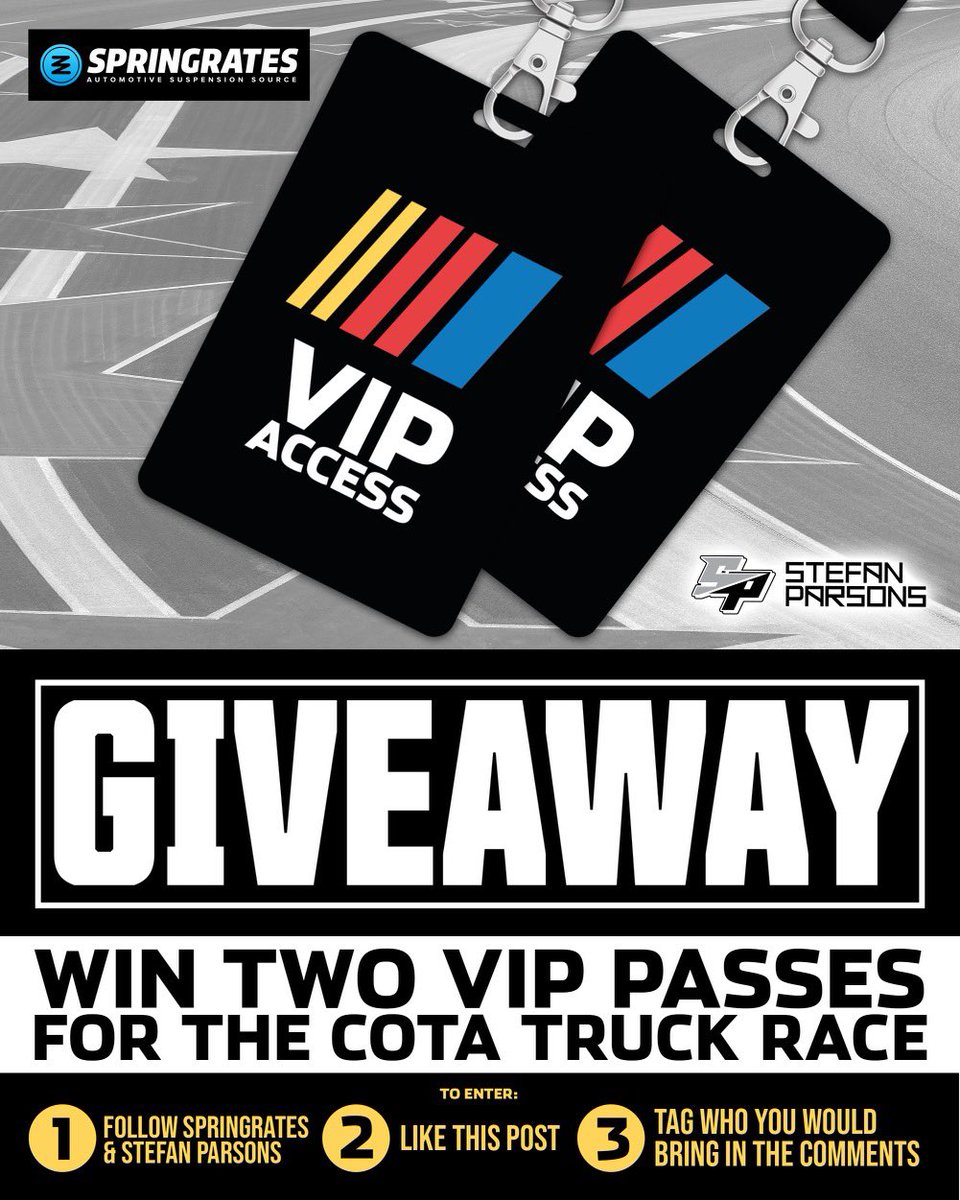 StefanParsons_'s tweet photo. GIVEAWAY!
We’re giving away TWO VIP pit passes to the race @COTA, a pair (each) of my signed race-used shoes, and @springrates swag!

To enter: 
1. LIKE and REPOST this post
2. TAG who you would bring to the race
3. FOLLOW @springrates &amp; @StefanParsons_ 

See you this weekend 🏁 https://t.co/ysPRkw3Oiz