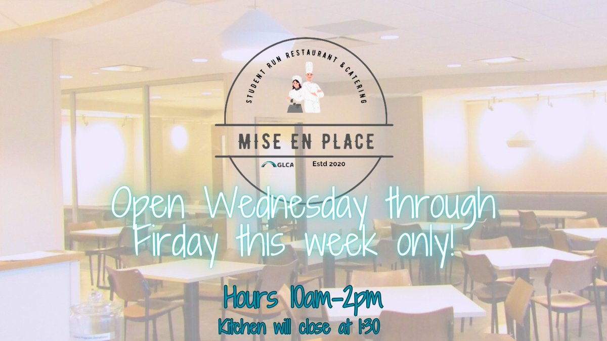 Great news, Mise En Place will be open and extra day this week!!
