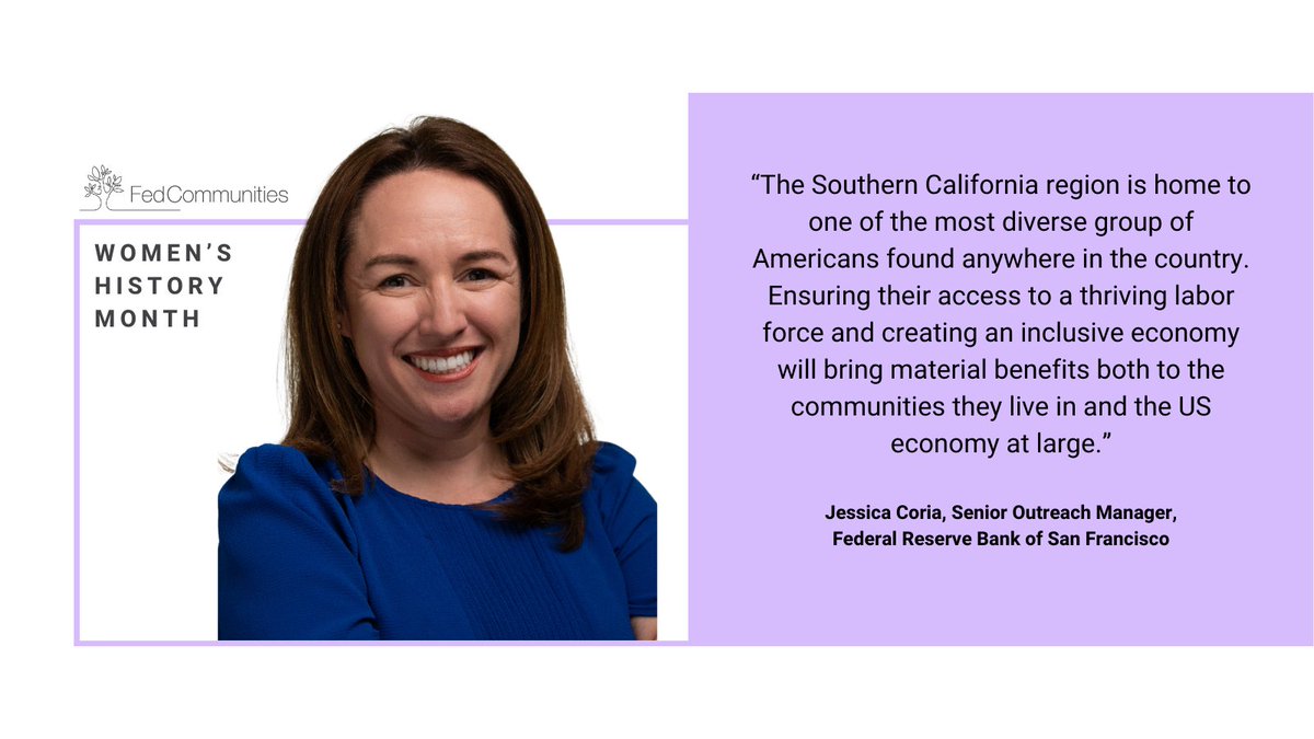 Celebrate Women's History Month with Jessica Coria, a senior outreach manager at the Federal Reserve Bank of San Francisco. Read on to find out more about the impactful work Jessica is doing in her district. 💜 

#CommunityOutreach #InclusiveEconomy #WomensHistoryMonth